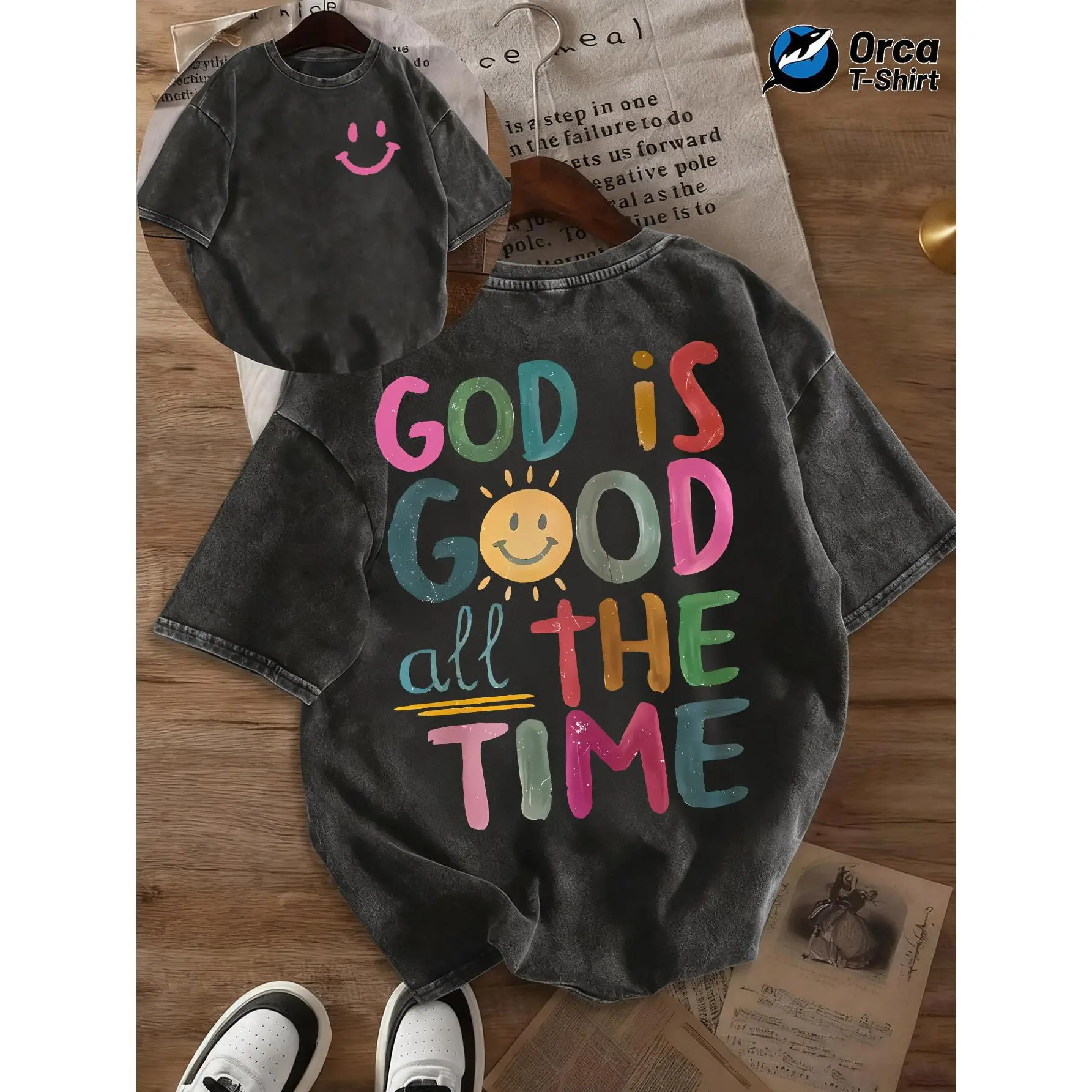 God Is Good All The Time Colorful Smile Face Print T-Shirt Make Old Washed Double-Sided Casual Tops, Suitable for Holidays, Going Out, Staying at Home, Outdoors, Giving Gifts And Other Scenes