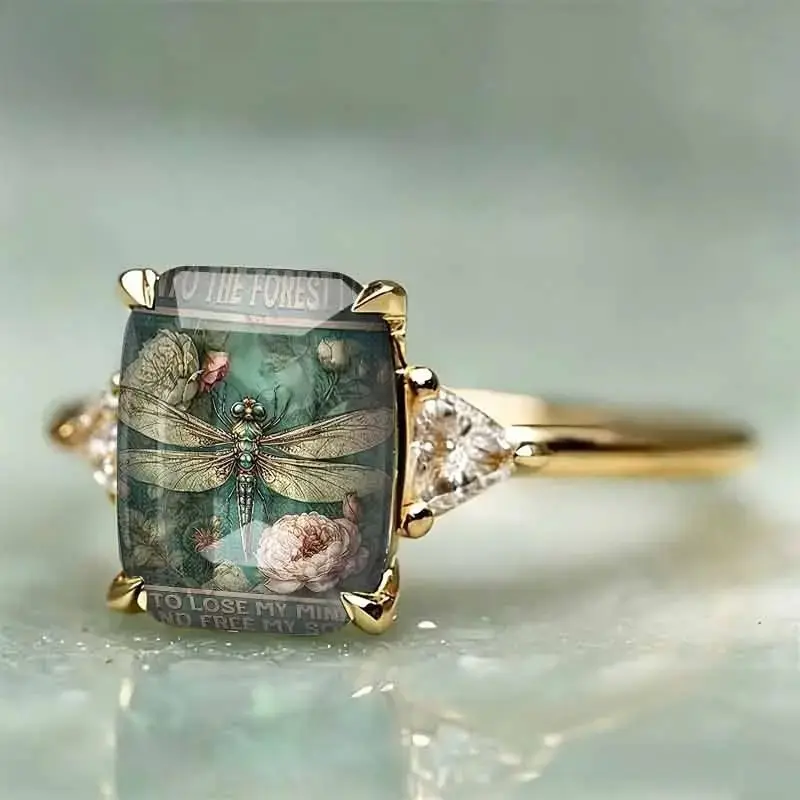 Vintage Dragonfly Floral Square Ring Gold Plated Alloy Band With Artistic Pattern Crystal Detail Statement Jewelry For Women Daily Wear Fashion Accessory Gift Elegant Retro Design