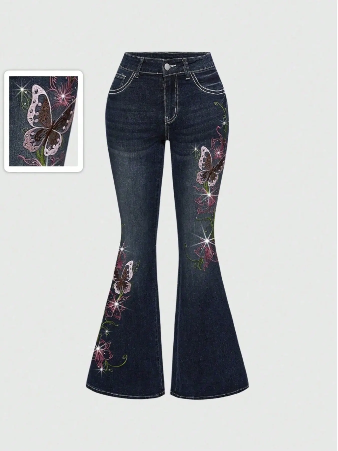High Waist Deep Blue Micro Flare Jeans for Women, Side Butterfly Floral Rhinestone Embroidery, Slim Fit Bell Bottom Pants, American Vintage Style