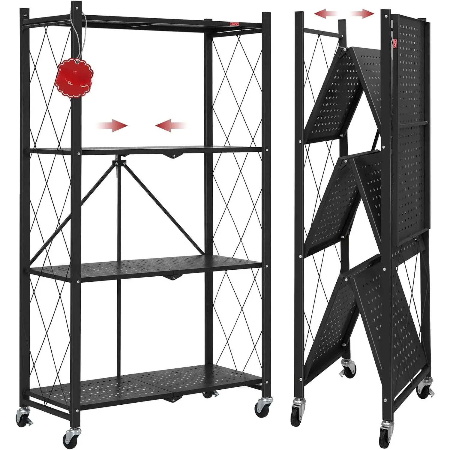 4 Tier Foldable Storage Shelves with Wheels, No Assembly Organizer Rack for Garage Kitchen, Basement, Pantry, for Craft Shows & Vendor Events(Black)