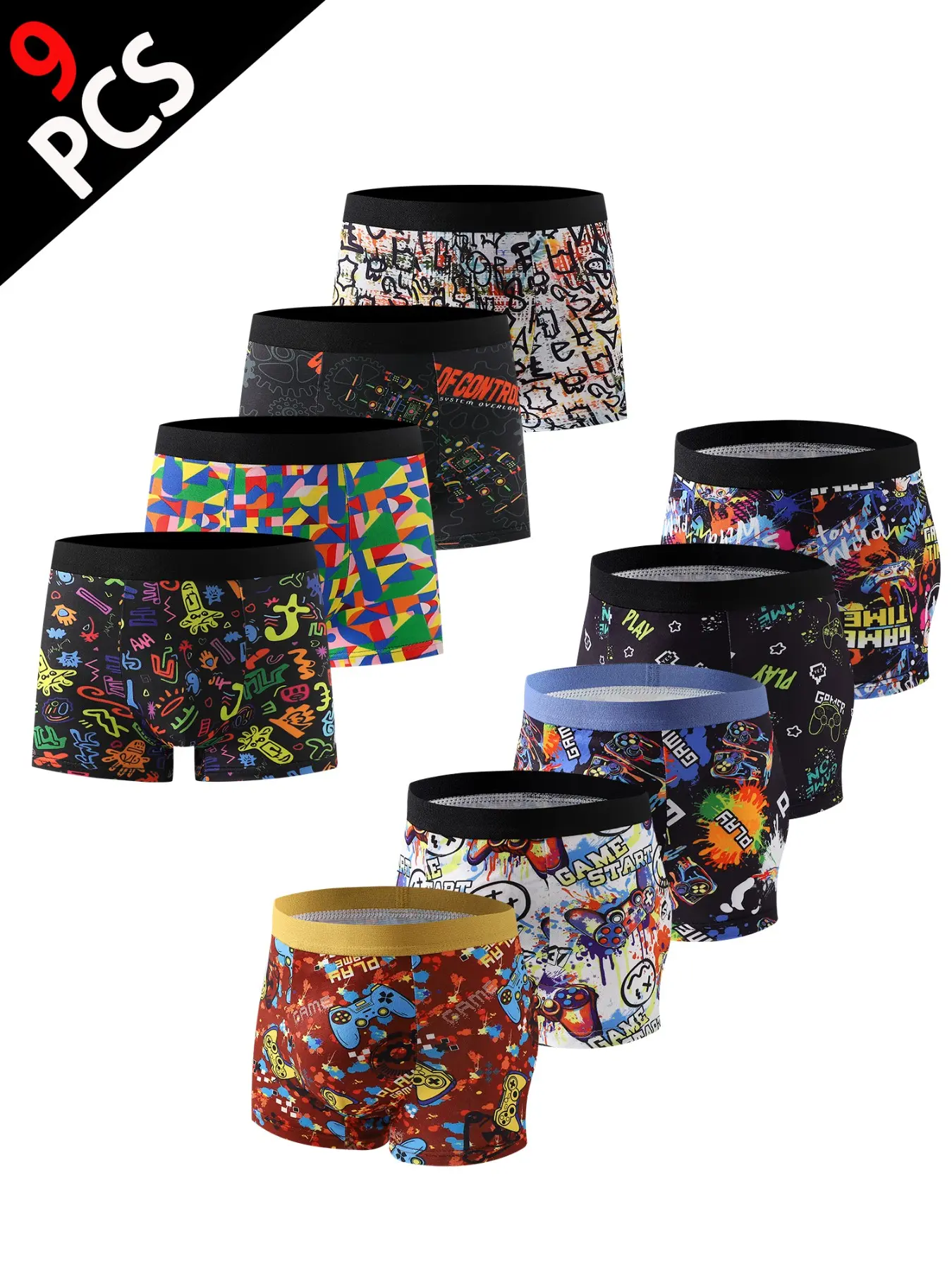 9-Pack Boys' Underwear Set, Graffiti Street Style, Gaming Robot Swim Bike Boxing, Outdoor Sports Daily Wear, Student Underpants, Printed Underwear