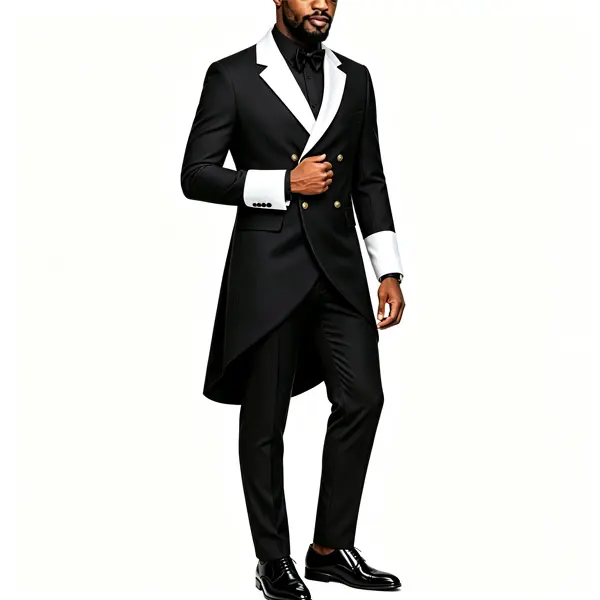 Men's 2-Piece Black Tailcoat Tuxedo, Slim Fitted Formal Wear with White Satin Piping, Double Breasted Dinner Jacket and Pants for Wedding Gala Long Sleeve Menswear