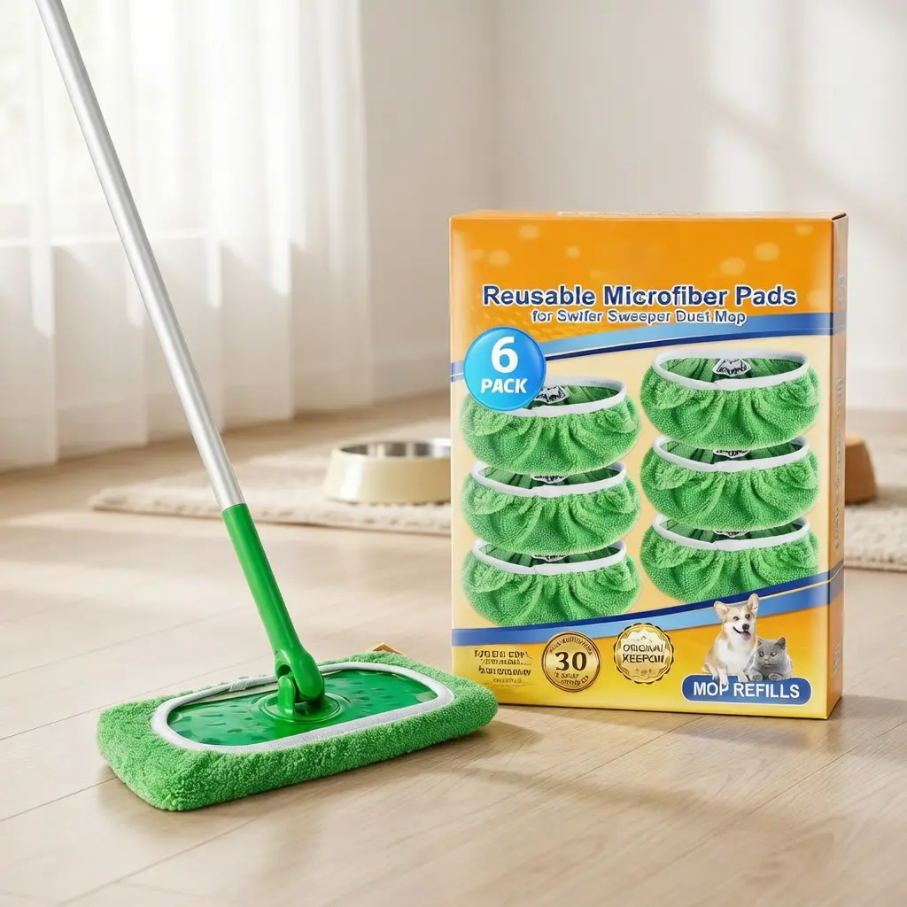 6-Pack Green Fleece Microfiber Mop Pads, Disposable Reusable Washable Durable Wet-Dry Replacement Heads, Eco-Friendly Hard Surface Floor Care Tool for Hardwood Floors to Save Money
