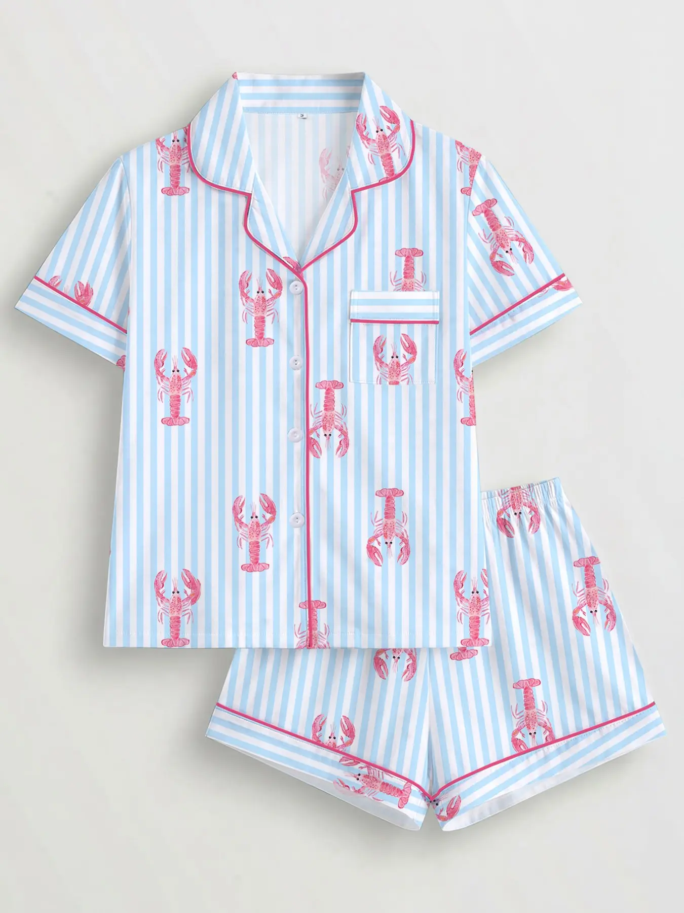 Women's Pajama Set, Striped Lobster Print, Short Sleeve Button Shirt, Elastic Shorts, Casual Home Wear, Comfortable Sleepwear