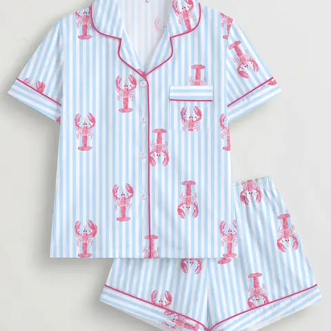 Women's Pajama Set, Striped Lobster Print, Short Sleeve Button Shirt, Elastic Shorts, Casual Home Wear, Comfortable Sleepwear, Shorts Loungewear Set