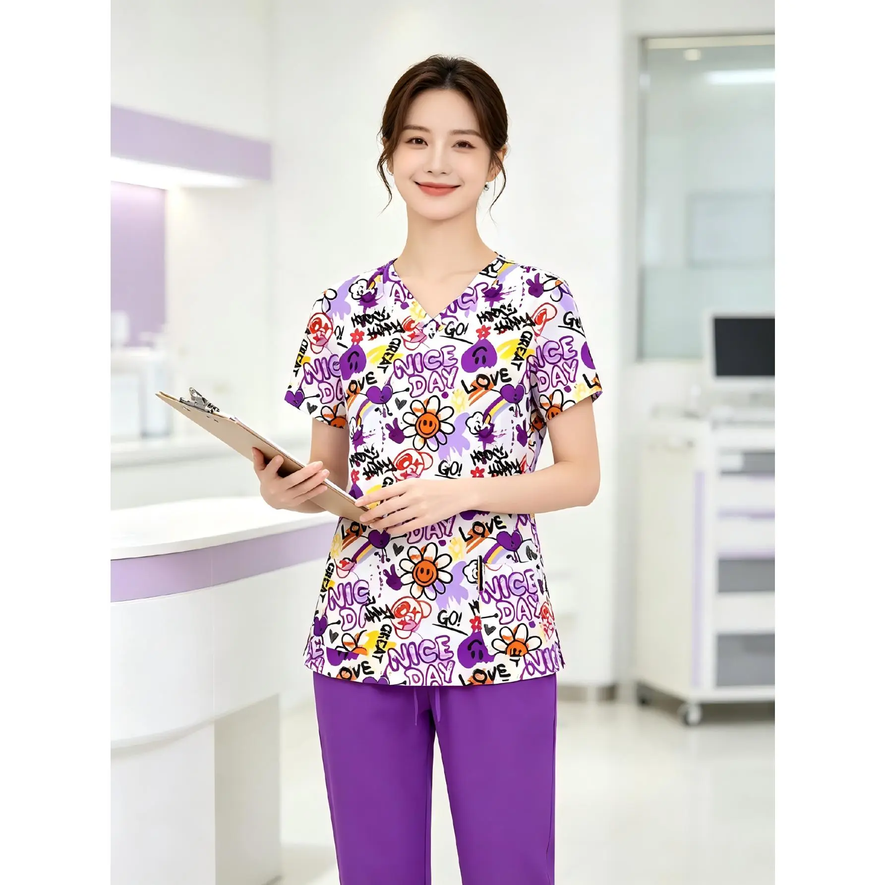 Women's 2-Piece Graffiti-Style Workwear Set - Breathable, Loose-Fit, Letter-Print Casual Industrial Uniform for Street Fashion Enthusiasts Clothes Womenswear Purple