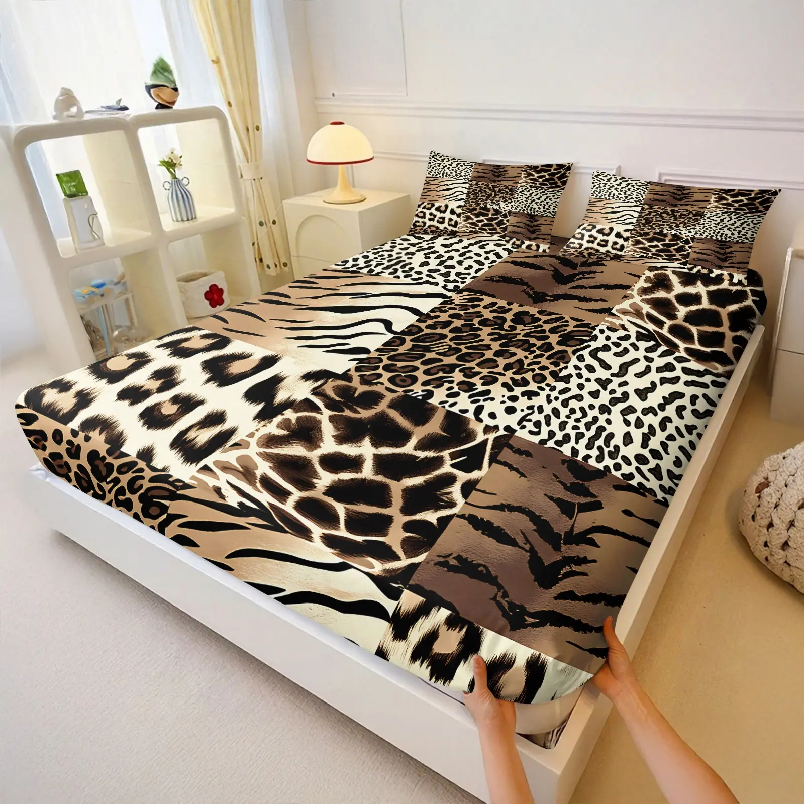 3Pcs Patchwork Fitted Sheet Set Features A Mix Of Wild Animal Prints and Soft, Comfortable Bedding Set (Including 1 Fitted Sheet,2 Pillowcases,Without Pillow Core). The Fully Enclosed, Non-Slip Design Is Suitable for Adults and Modern Home DeCor.