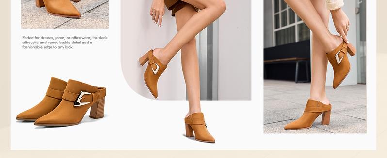 Coutgo Womens Mules Boots Chunky Stacked Heel Pointed Toe Booties Slip On Dress Boot Shoes with Buckle Decoration