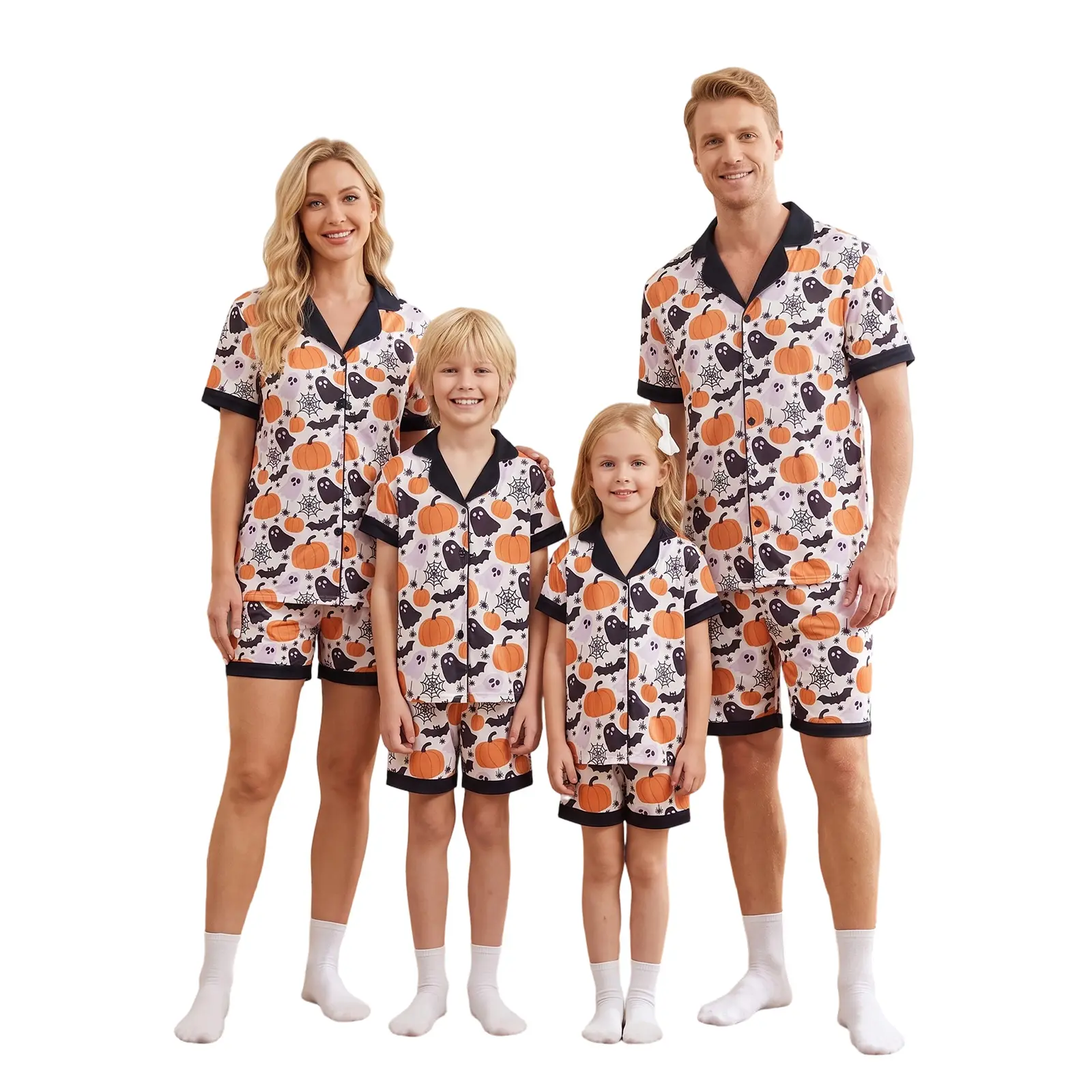 REDWOON Family Matching Halloween Pajamas Set Pumpkin Ghost Bat Spider Web Print Short Sleeve Tops and Shorts Sleepwear