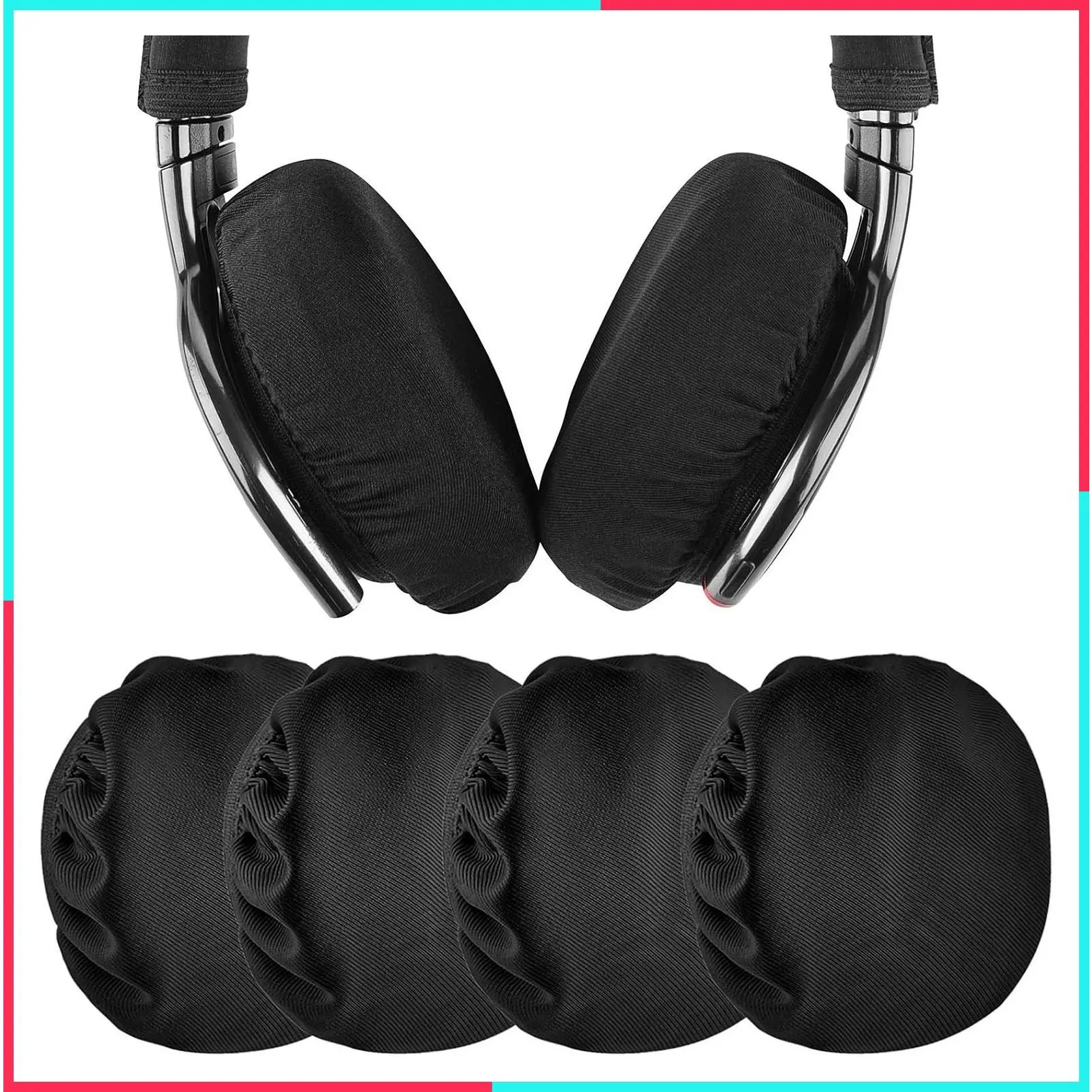 2 Pairs Flex Fabric Headphones Ear Covers - Product Safety Certified - Washable & Stretchable Earcup Protectors for Over-Ear Headsets, Sweat Pads for Gym, Gaming (Size M/Black)