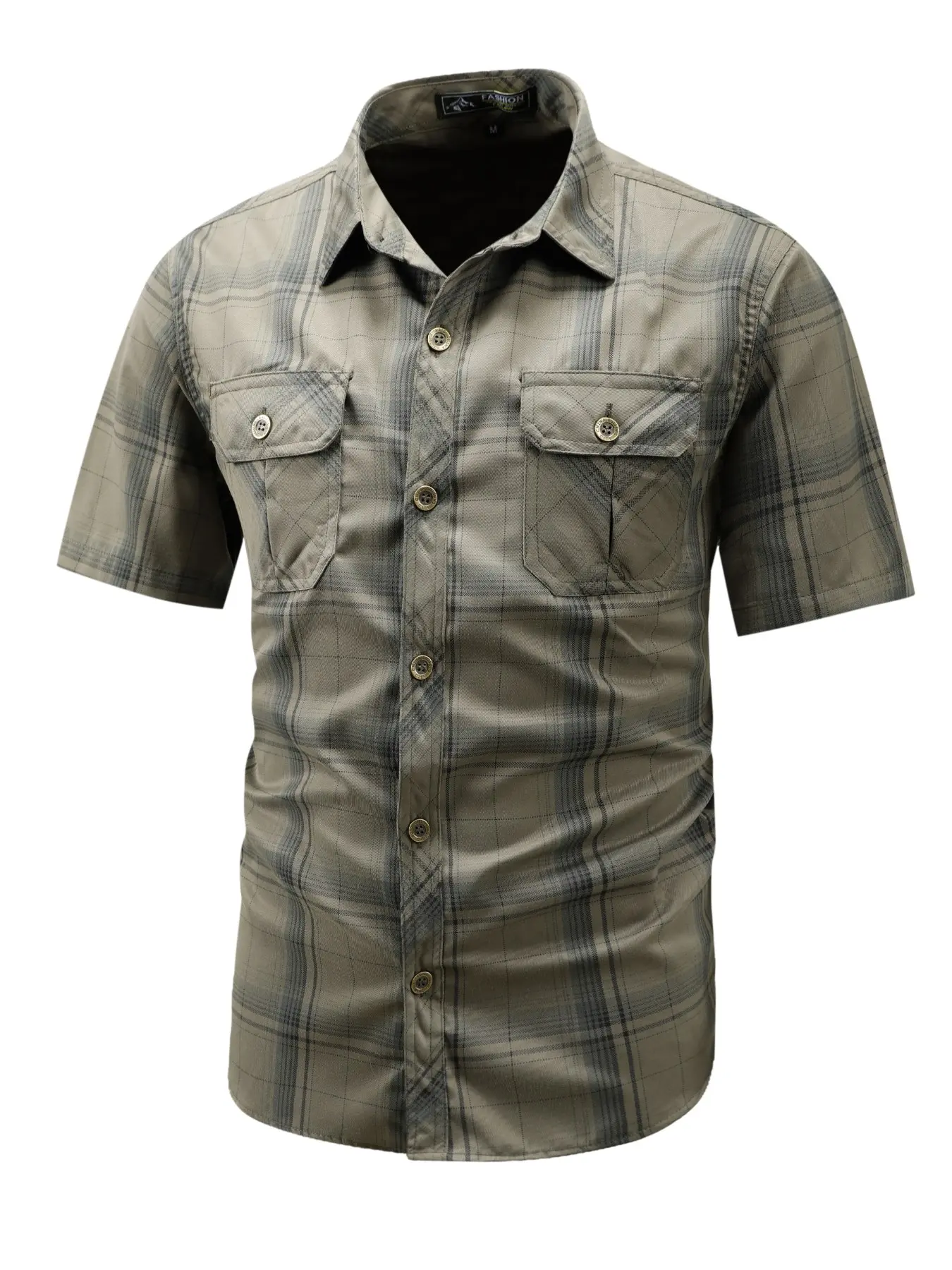 Men's Workwear Double Pocket Plaid Short Sleeve Shirt, Vintage American Summer Street Breathable Casual Collar Shirt, Fitted Style