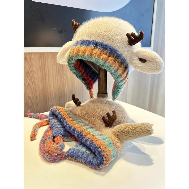 Cute Christmas Antlers Plush Hat for Autumn Winter Warmth Machine Washable Ear Protectors Knitted Wool Lei Feng Adjustable 53-58cm  Christmas gift surprise