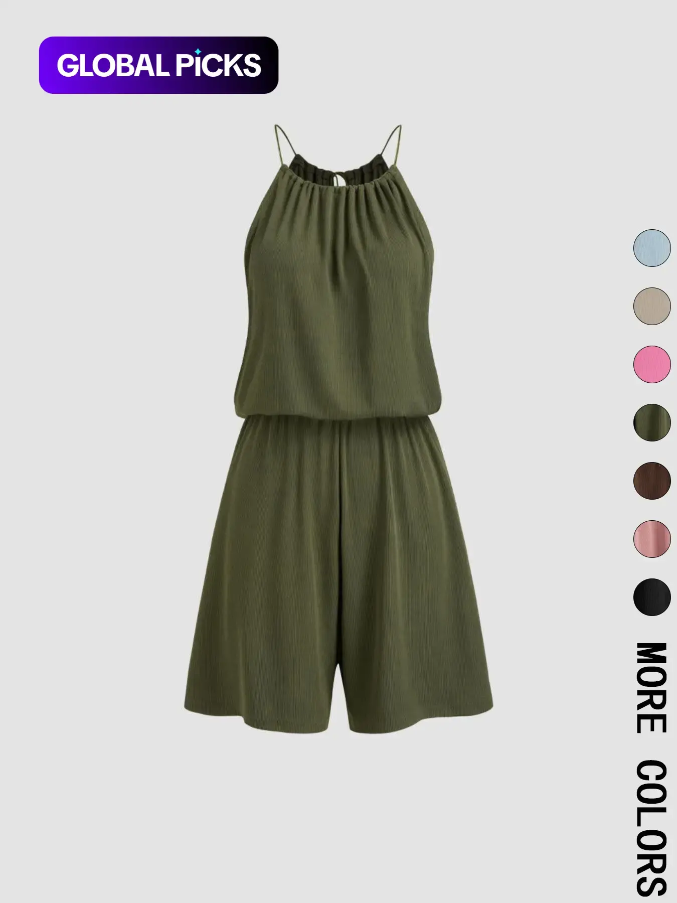 Women's Rib Knit Halter Neck Sleeveless Romper, Drawstring Tie Detail, Adjustable Elastic Waist, Multiple Color Options, Soft Stretchy Breathable Fabric, Casual Daily & Vacation Wear, Minimalist Casual Style