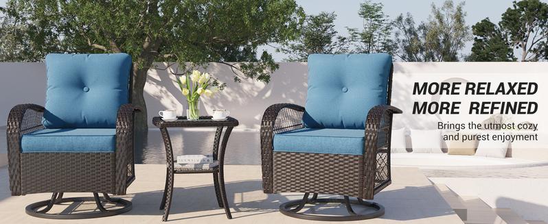 Amopatio 3 Pieces Patio Furniture Set, Outdoor Rattan Swivel Gliders Rocker with Glass Table and Cushions for Poolside/Deck/Garden/Backyard/Porch