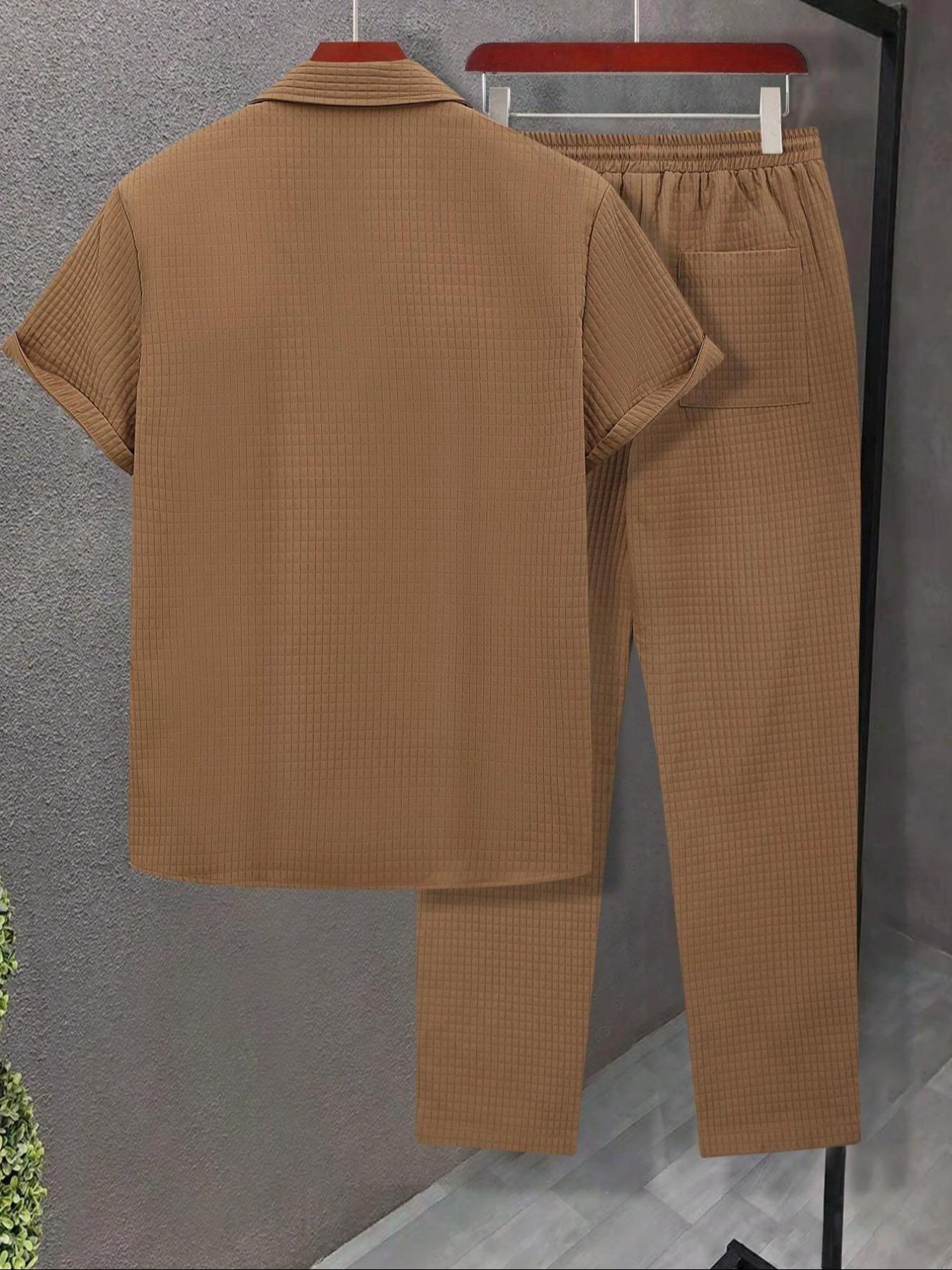 Men's Solid Button Front Shirt & Drawstring Waist Pants Set without Inner Top, Regular Fit Casual Short Sleeve Collared Top & Pocket Trousers, Men's Summer Clothes, Matching Clothing Set