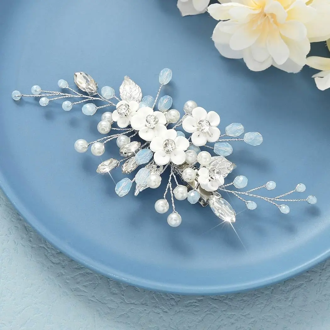 Women's Silver Pearl Bridal Clip, Floral Rhinestone Wedding Hair Barrettes, Elegant Hair Piece for Brides