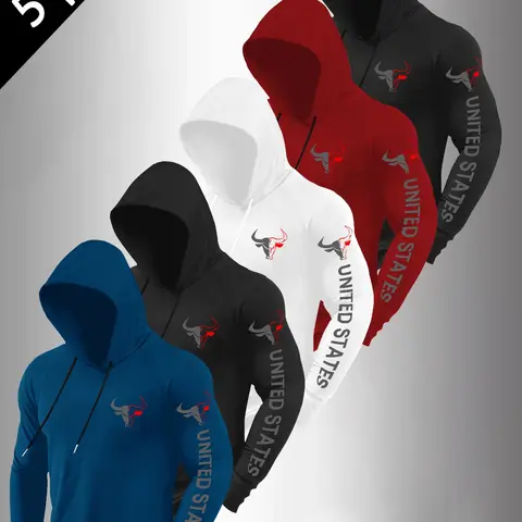 Men's Classic Hooded Long Sleeve T-Shirt, Bull Head Letter Print, Casual Daily Wear, Fashion Outdoor Clothing, Trendy and Versatile Top, Hoodie Clothing Tops