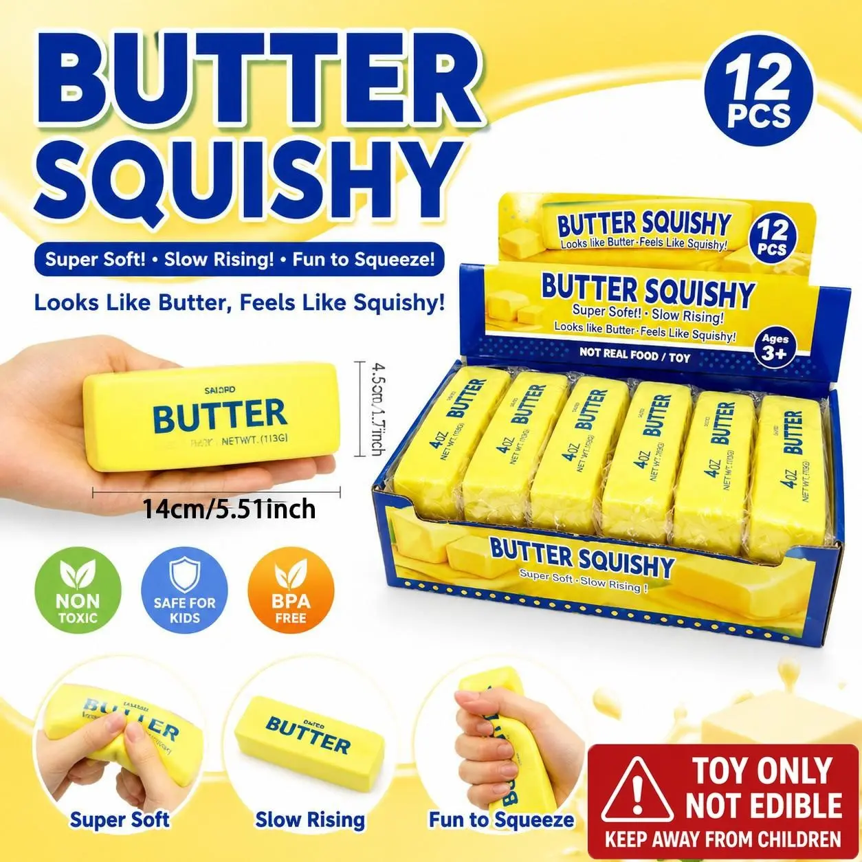 12-Pack Butter Stick Stress Relief Toys, Ultra Soft Slow Rebound, Non-Sticky Easy Clean, Anxiety Relief, Party Favors, Student Office Use