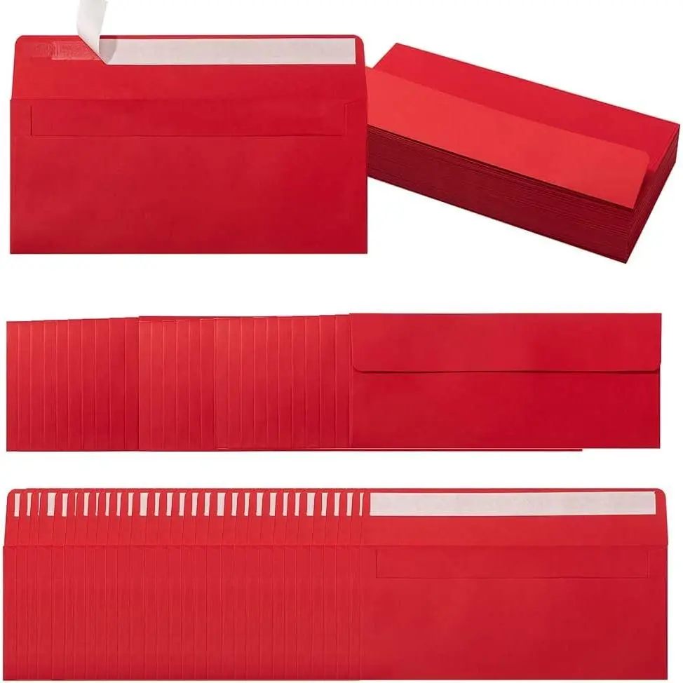 100 Pack Colored #10 Business Envelopes, 4.13 x 9.49 Inches, Red | Self Seal, Standard Envelopes, For Office Checks, Business Letter Mailing, Greeting Card
