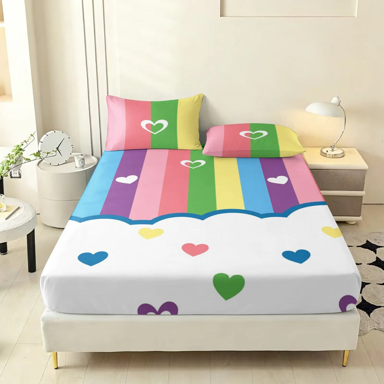 3pc Rainbow Heart Print Cute Bedding Set, including 1 sheet and 2 pillowcases (without filling material), a gift for friends, suitable for single beds, double beds, and very suitable for bedrooms, dormitories, guest rooms and hotel apartments.