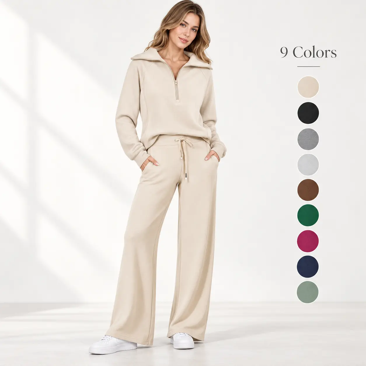 Women’s 2-Piece Lounge Clothes Set - Half-Zip Long Sleeve Pullover, Wide Leg Drawstring Adjustable Pants with Pockets, Relaxed Fit Tracksuit for Fall Winter Work From Home, Easy Layering, 9 Colors