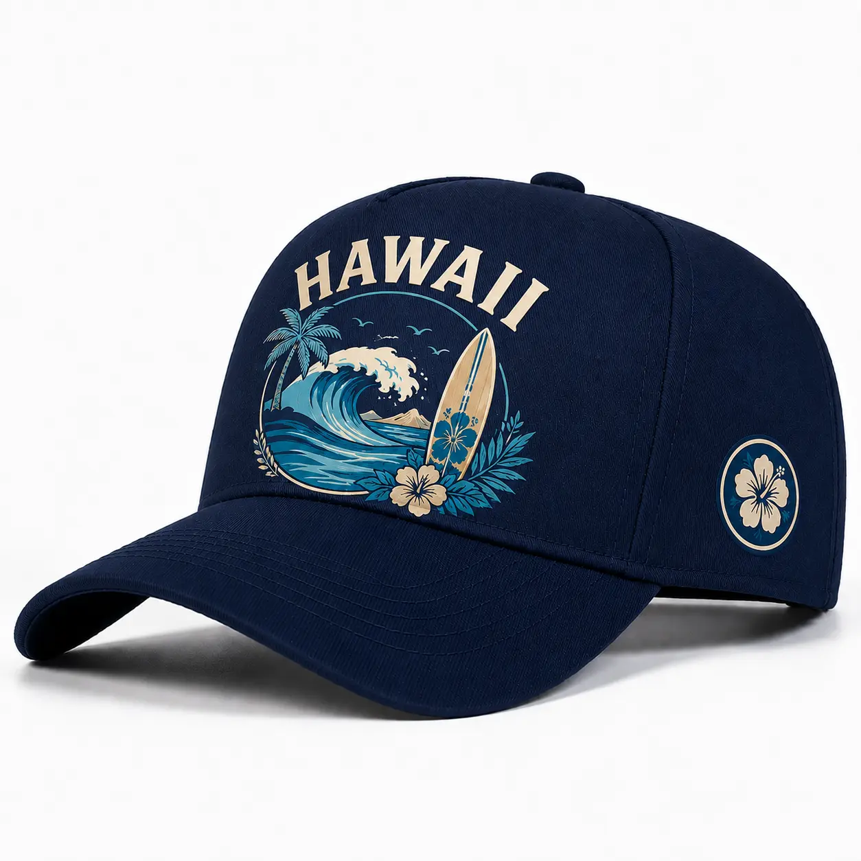 Men's Navy Blue Curved Brim Hawaii Baseball Cap - Ocean Waves, Palm Tree, Surfboard, Hibiscus Print - Relaxed Unisex Fit Golf Dad Hat - All Seasons Outdoor Sun Cap for Beach, Luau, Tropical Print, Floral, Casual, Face Shade, Structured Crown, Hibiscus Flo