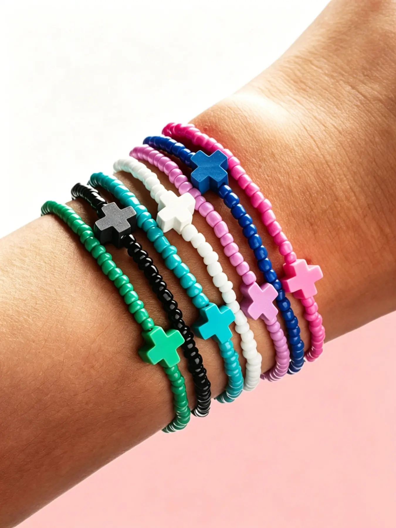 7-Piece Set Fashionable Colorful Polymer Clay Cross Beaded Bracelet, Elastic Silicone Bible Bracelet, Vintage Ethnic Women's Multi-Layered Wristband