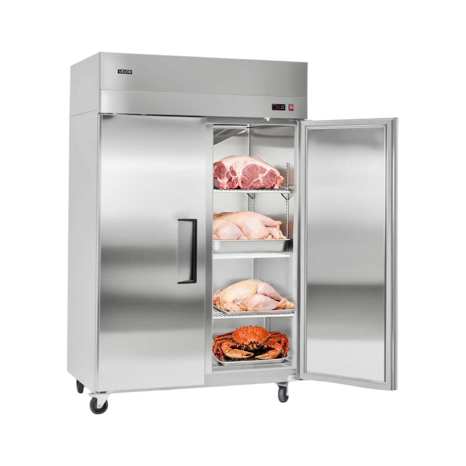 【DealsForYouDays】VEVOR Commercial Freezer, 31.89 in Width Reach In Upright-Freezer Double Door, 32.1 Cu. ft Auto-Defrost Stainless Steel Freezer with 8 Adjustable Shelves, -11 to 14 Temp Control, LED Light, 4 Wheels