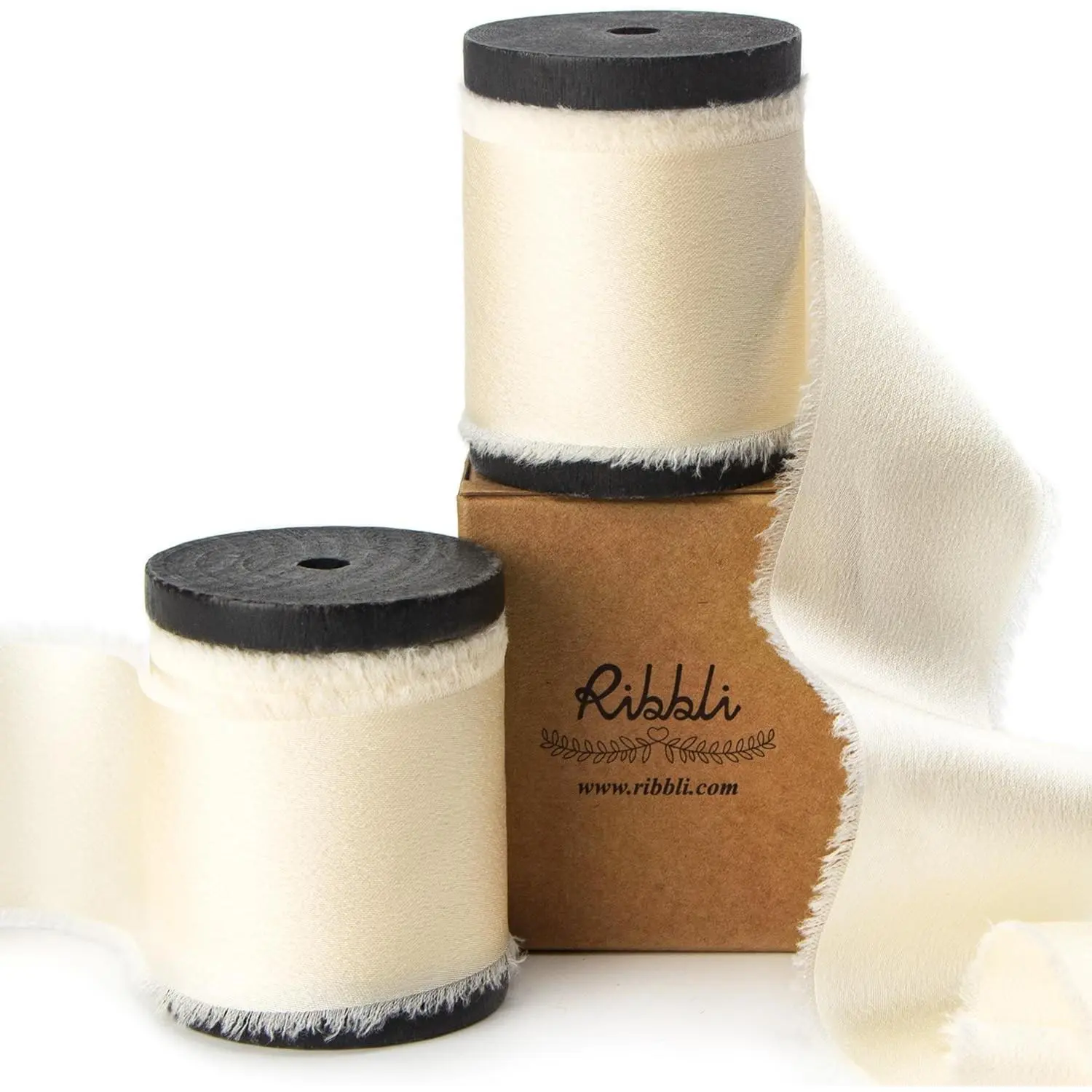 Ivory Silk Satin Ribbon 1.5 Inch x 12 Yard Handmade Frayed Chiffon Ribbon with Wooden Spool for Gift Wrapping, Wedding Invitations, Bridal Bouquets, Home Decor