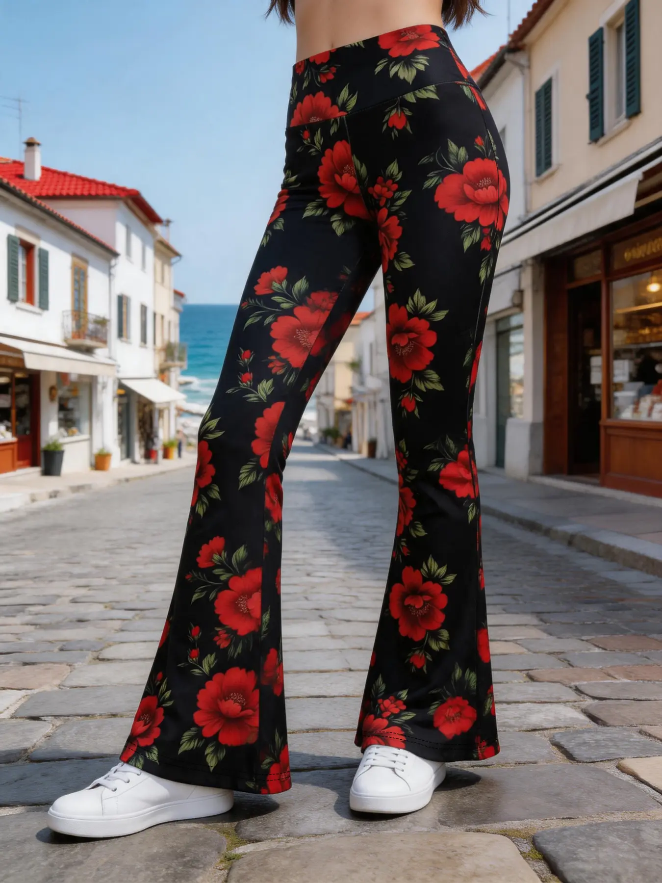 One-piece red flower-printed niche design flared fitness yoga pants for women, high-waisted and high-elasticity personalized sports pants for fitness and outings