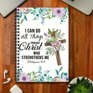 An inspirational floral cross-pattern spiral notebook, featuring the Bible verse "I can do all things through Christ who strengthens me." Suitable for work records, study notes, diary writing, daily planning, etc., and is also an ideal gift choice for gra