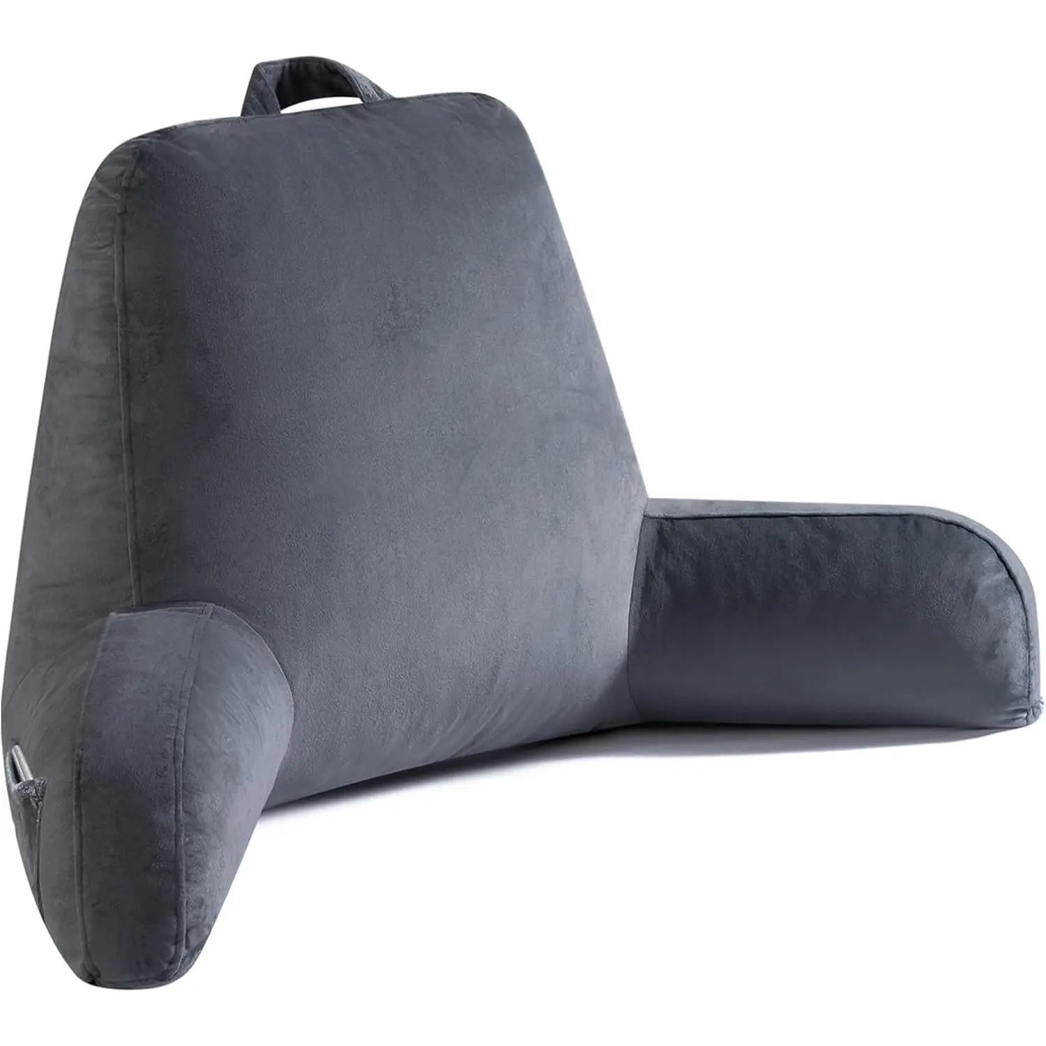Reading Pillow for Sitting in Bed Adult, 19" Reading Pillow with Shredded Memory Foam, Back Pillow for Sitting Up with Extend Arms, Pockets, Bed Pillow with Washable Cover, Grey