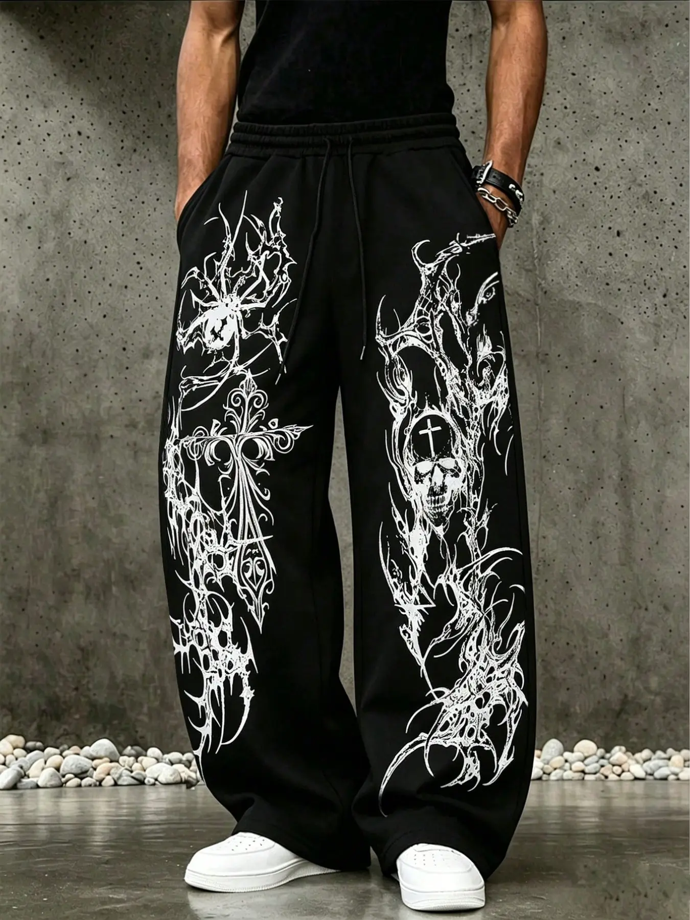 Unisex Loose Fit Oversize Streetwear Pants, Casual Jogger Long Pants, Vertical Dark Art Skull Spider Print, High Elastic Waist, Spring Fall Fashion