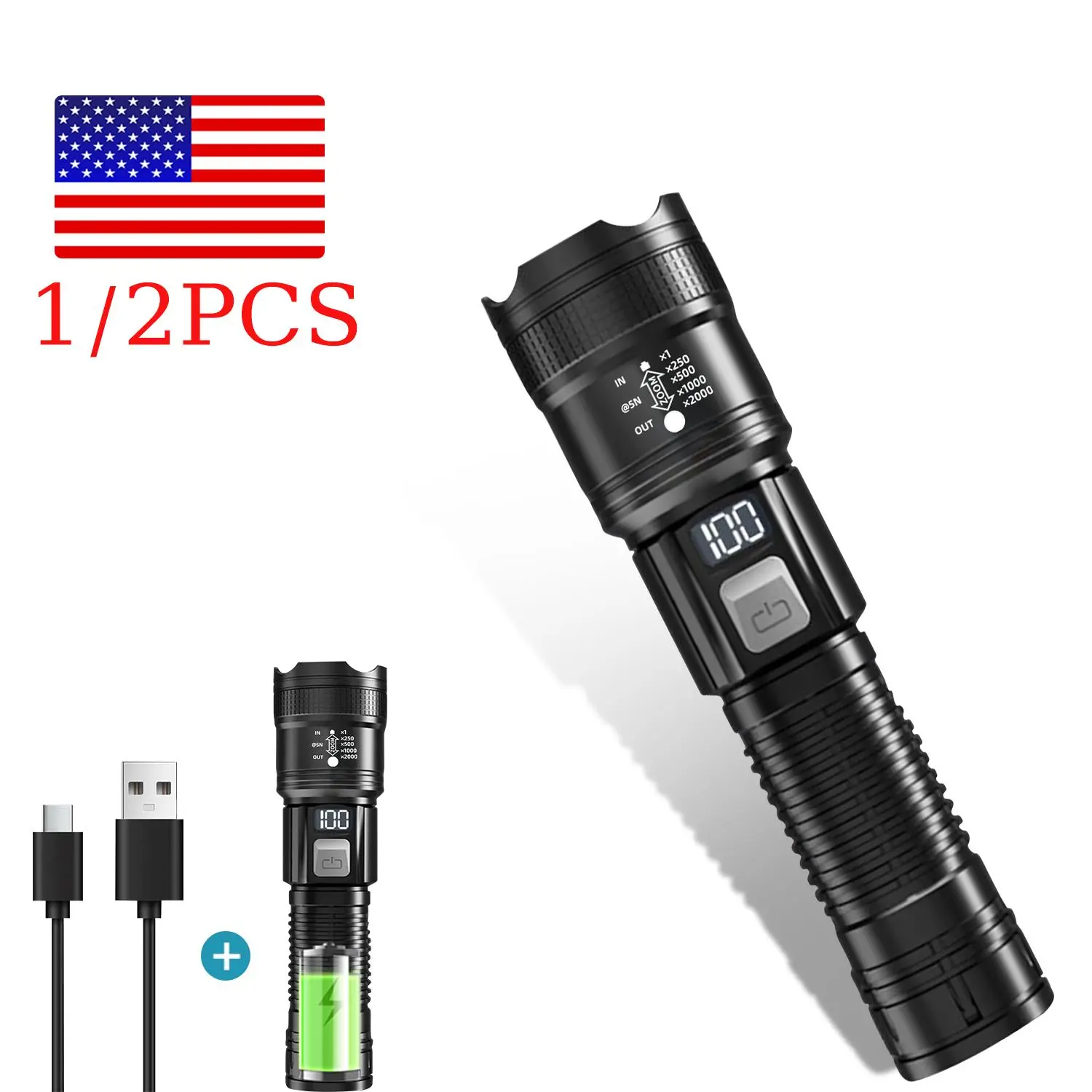2 Pack High Lumens Rechargeable Flashlights – 3-Mode Super Bright, LED Waterproof, Essential for Camping/Hiking/Emergency/Travel, with Battery Level Indicator & USB-C Port, Father's Day Gift lumen fishing