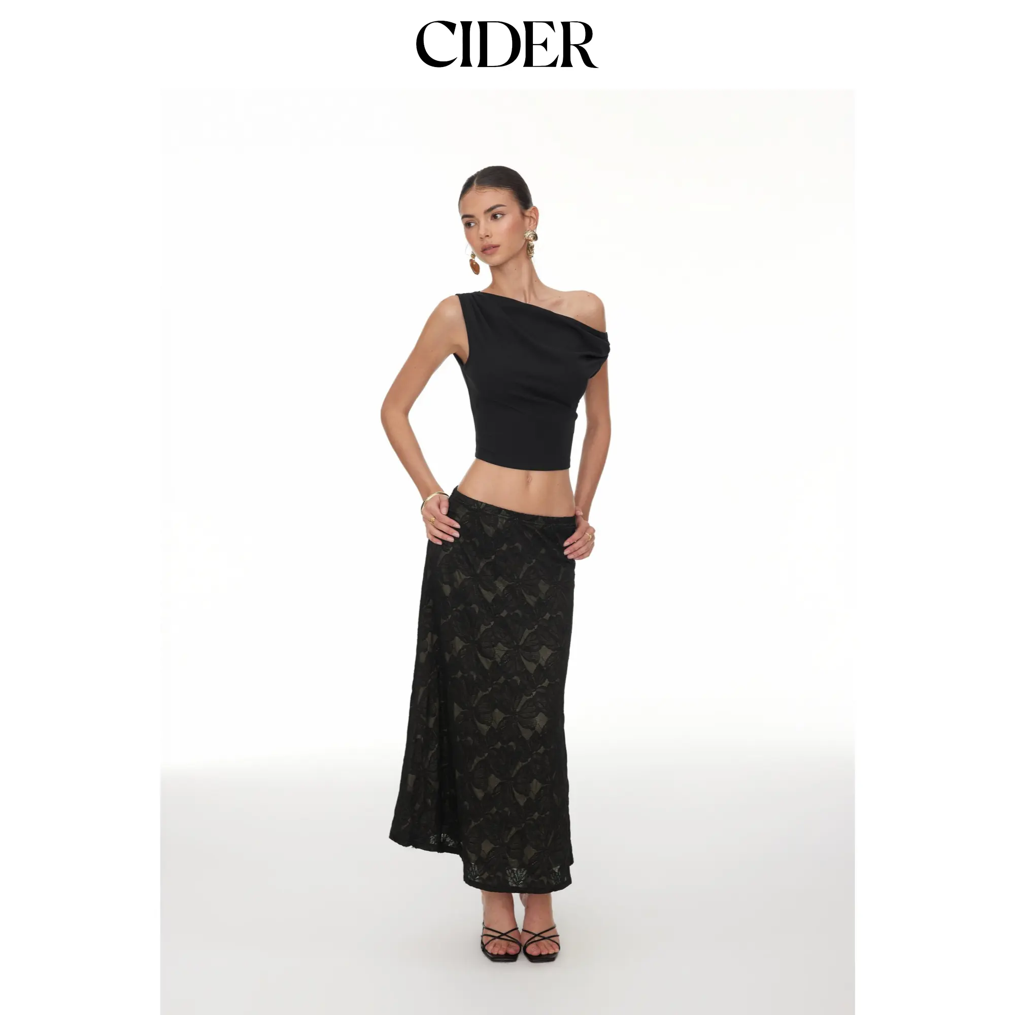 Cider Asymmetrical Neck Ruched Crop Top & Mid Rise Lace Midi Skirt Set