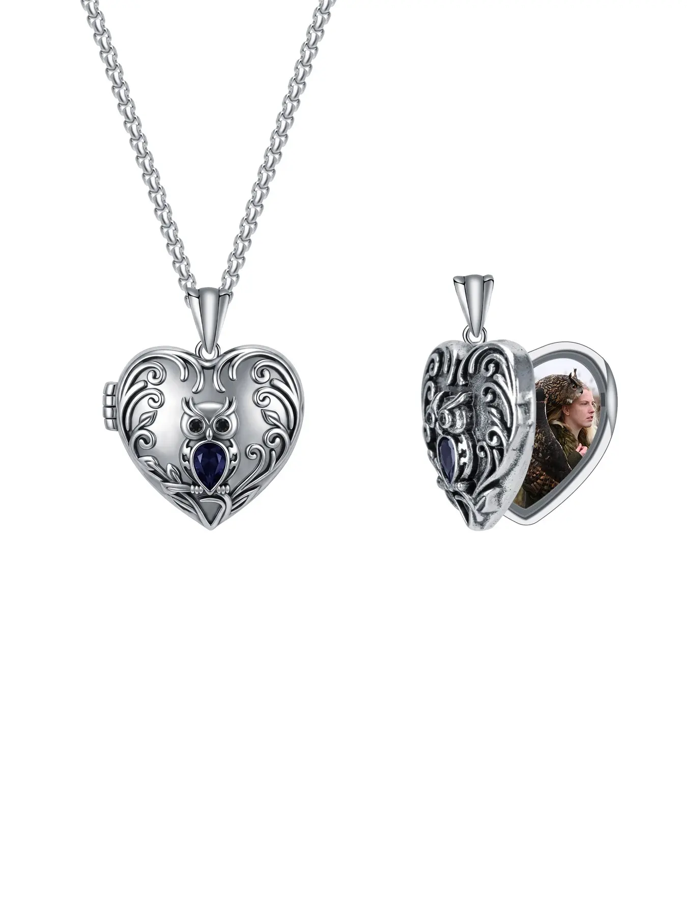 Vintage Owl Heart Photo Box Necklace, Photo Pendant Jewelry for Women, Memorial Gift for Friends and Family, Casual All-Season Accessory