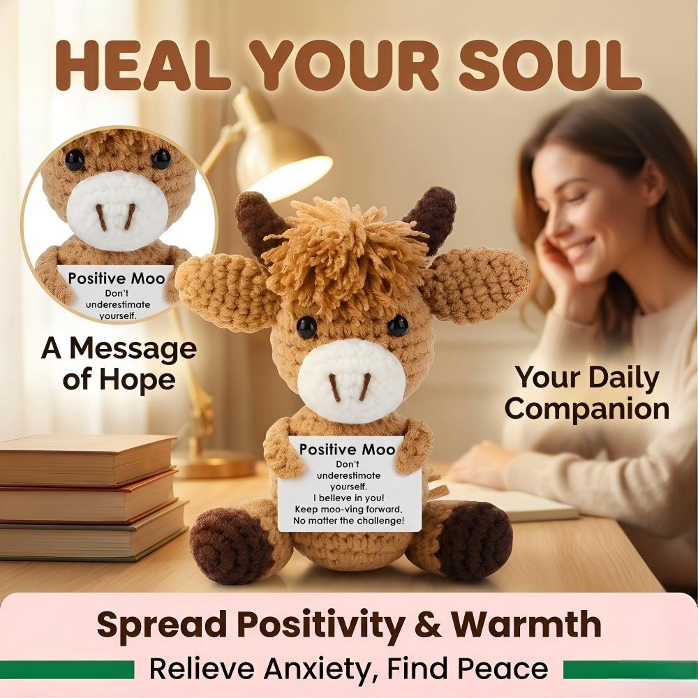 Cute Tiny Hand Knitted Cow Stuffed Toy, Ultra Soft Plushie for Anxiety Relief, Kawaii Backpack Purse Pendant, One of a Kind Handmade Crochet Decor for Home Office Car, Meaningful Gift for Birthday Graduation Mother’s & Father’s Day