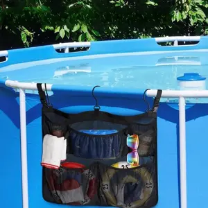 Large capacity hanging shower travel storage mesh bag with hollow out breathable quick drying mesh fabric for parent-child beach play, indoor bathing, short distance travel enthusiasts, multi zone hanging pool toy storage bag, black 24.02 * 20.08 inches