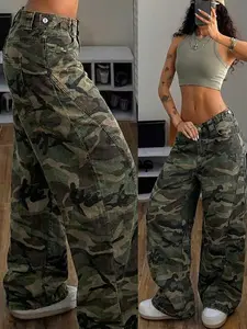 Low Waist Street Style Camouflage Women's Jeans, Loose Fit Wide Leg Printed Long Pants, Trendy Fashionable Denim Bottoms for Daily Wear