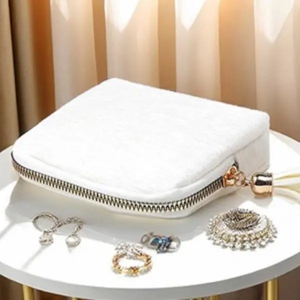 Cute Textured White Jewelry Storage Pouch with Tassel | Crystal Bracelet Protector