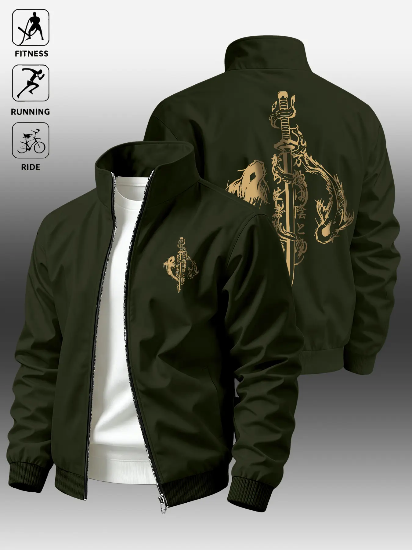 Traditional Dragon Pattern Samurai Knife Print Stand Collar Zipper Jacket, Multi-Color Versatile Casual Windproof Baseball Neck Men's Fashion Outerwear, All Season Outerwear