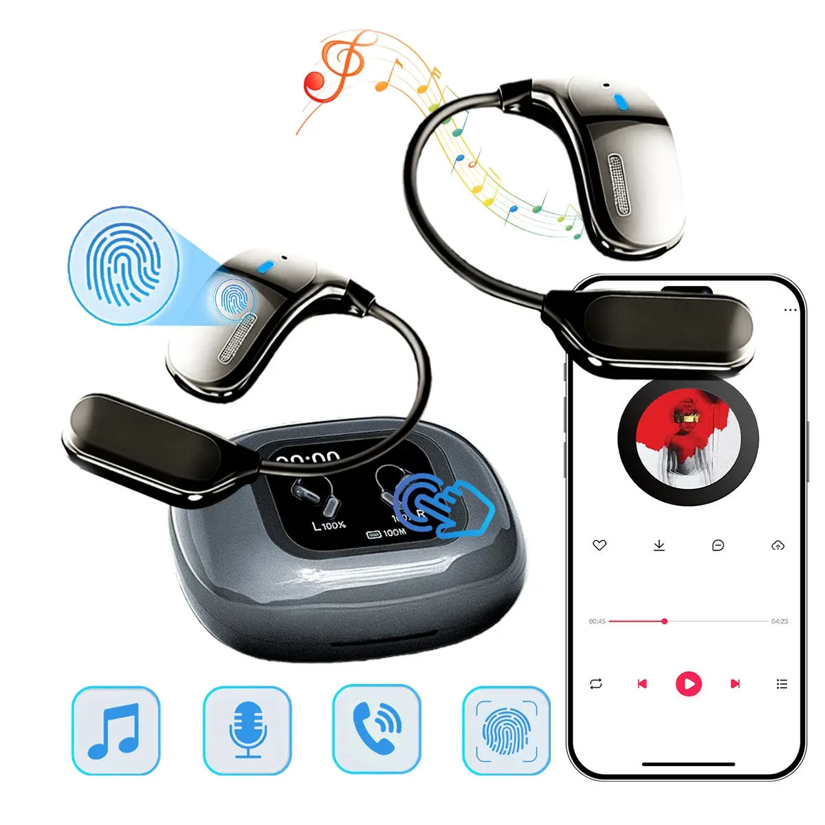 Bluetooth Headset with Fingerprint Touch & 500mAh Charging Case, Bluetooth V5.4 Headset with Noise Cancelling Mic – Wireless Earpiece Hands-Free Headphones for Office Business,Quick Pairing,Calling,Connect Stabilize, Wireless Earphones
