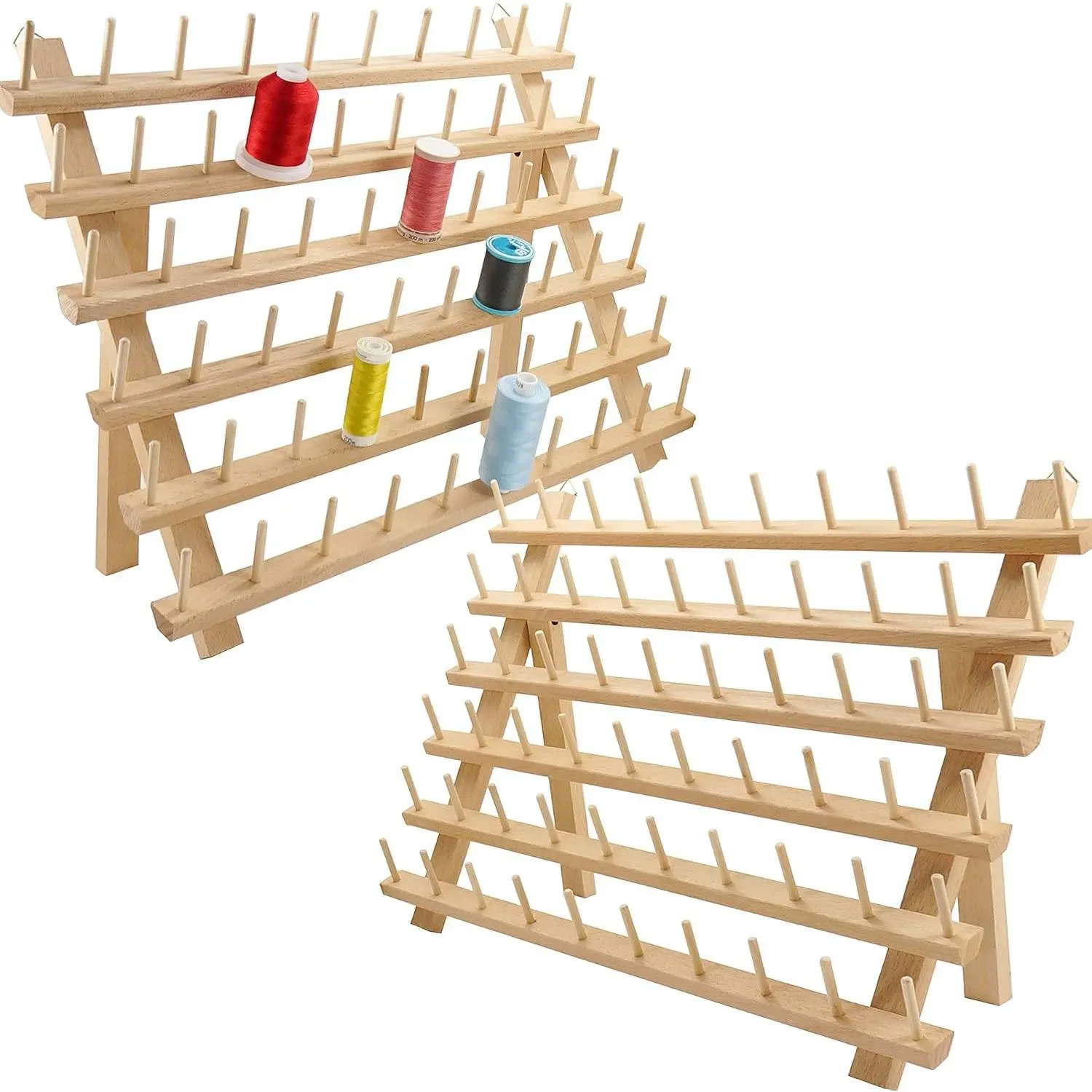 2X60 Spools Wooden Thread Rack/Thread Holder Organizer with Hanging Hooks for Embroidery Quilting and Sewing threads