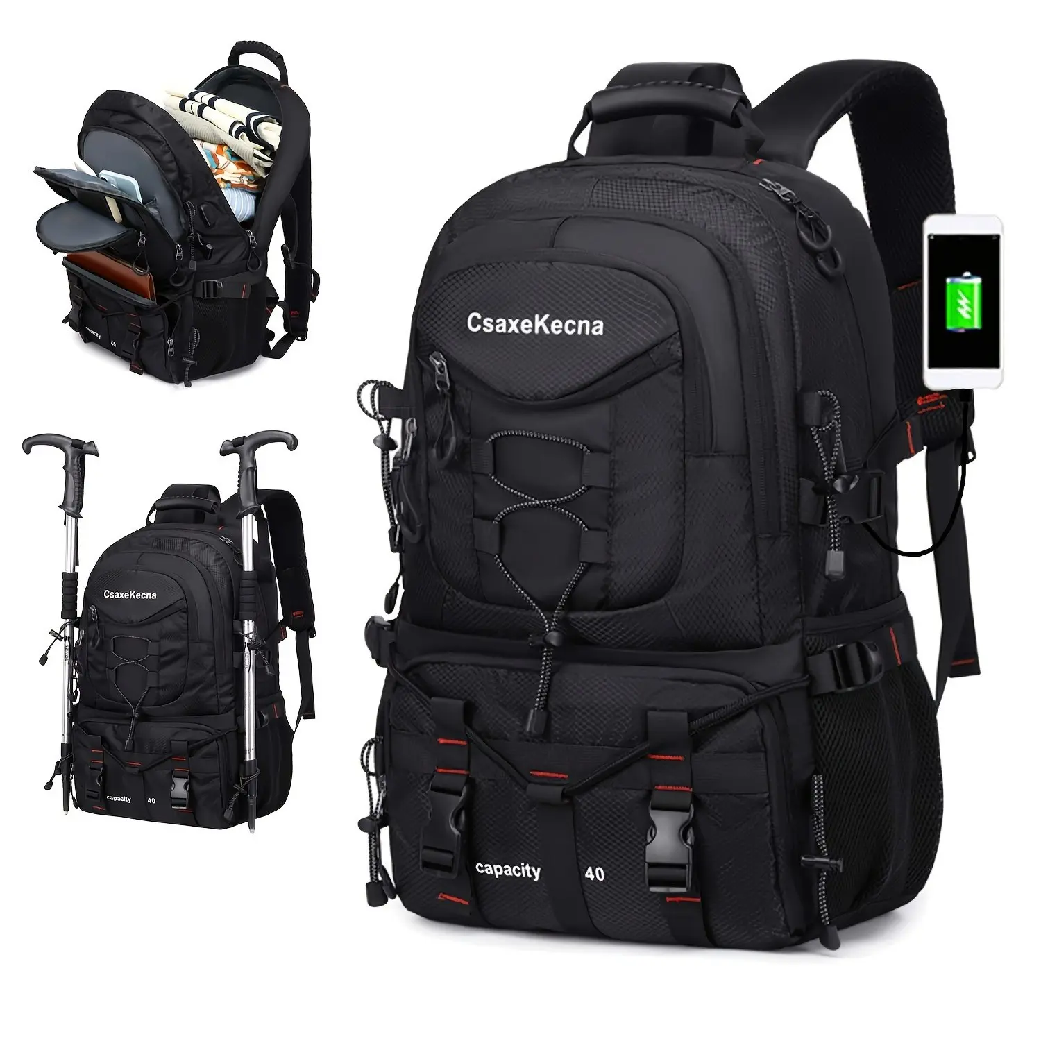 40L Outdoor Hiking Backpack, Tactical Casual Travel Rucksack, Hiking Trekking Rucksack, Water-Resistant Nylon, USB Charging, Laptop Compartment, for Camping