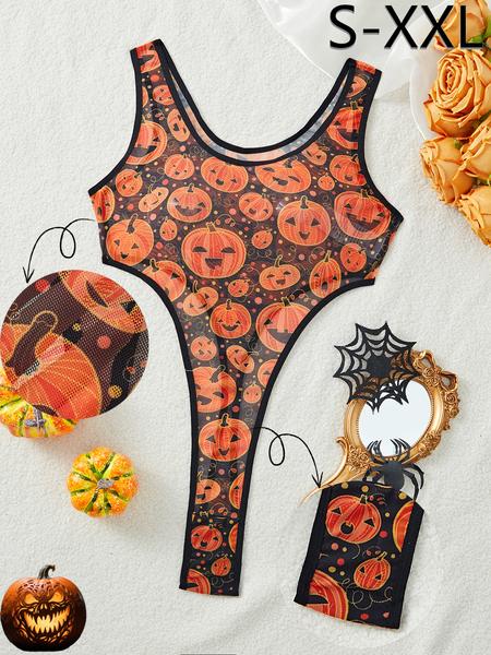 Sexy Halloween Pumpkin Print Jumpsuit - Sleeveless & Stretchy Black/Orange Pajama Set 🎃 #HalloweenOutfit