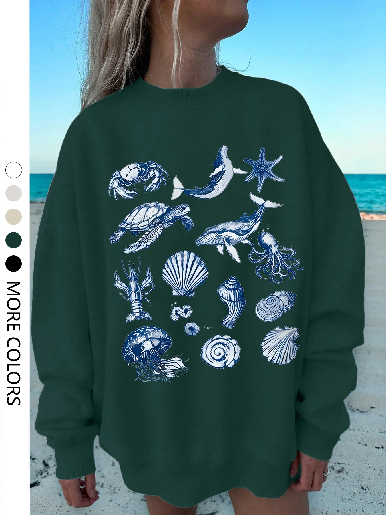 Women's Casual Loose-Fit Pullover Sweater, Drawstring Drop Shoulder Design, Ocean Life Print, Perfect for Spring & Fall Layering
