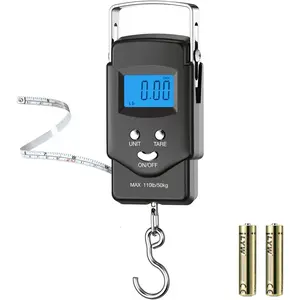 Fish Scale Luggage Scale Fishing Gear - 110lb Backlit LCD Display Digital Scale with Built-in Measuring Tape - Fishing Scale with 2 AAA Batteries, Pocket Size - Fishing Gifts for Men