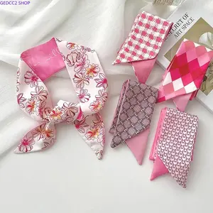 Hot Pink Skinny Scarf for Women, Silky Satin Gradient Argyle Print - 33" Neck Tie, Bag Handle Ribbon & Scarf Head Wrap Accessory, Accessories For Women
