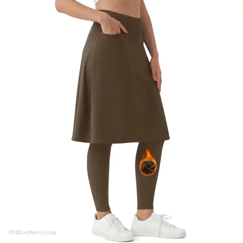 Women's Knee Length Skirt with Fleece Full Leggings Athletic Tennis Skorts Modest Skirted Legging PocketsCC42CozyNestLiving