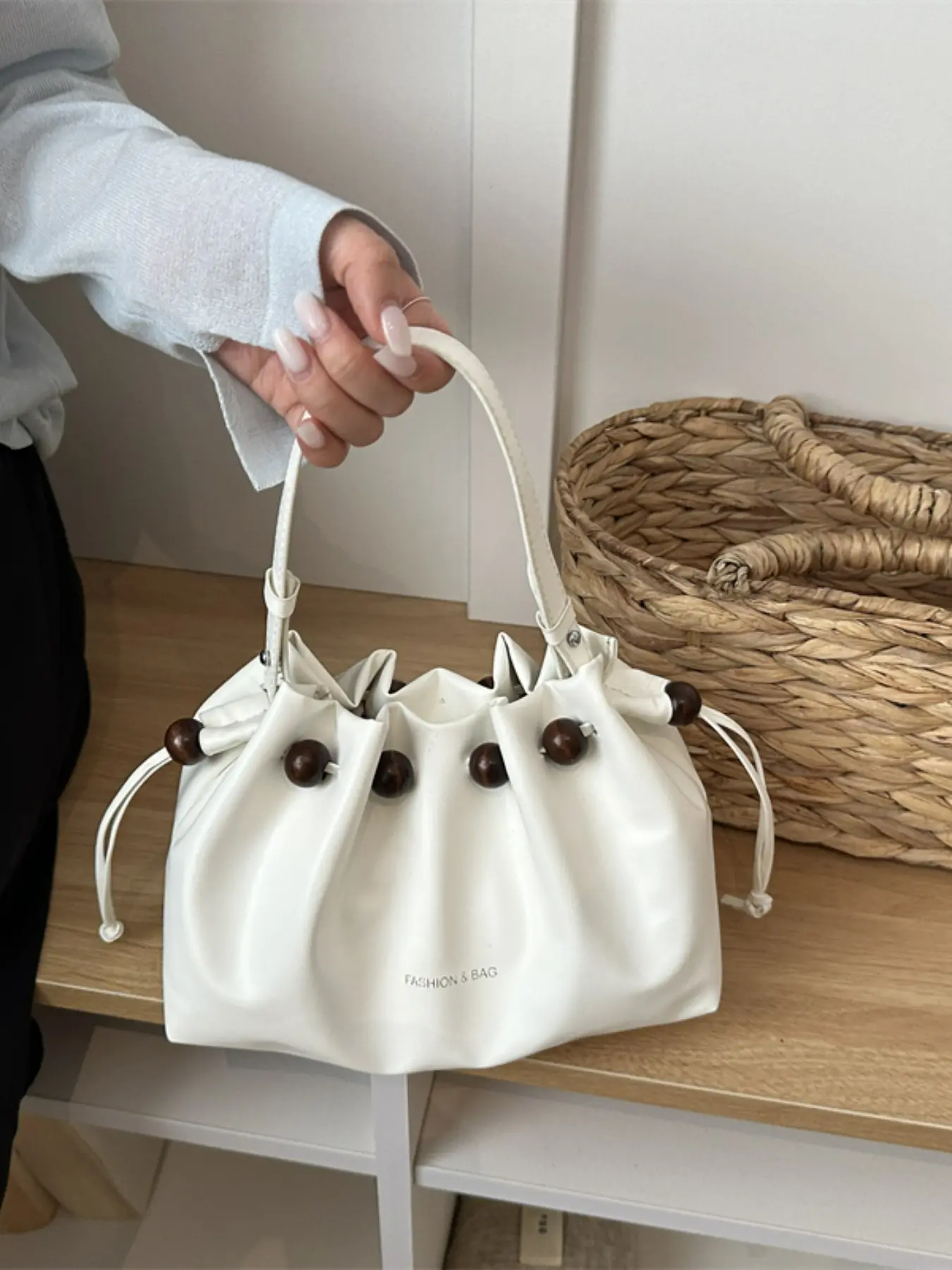 Elegant New Pure Color Beaded Drawstring Bucket Bag, Large Capacity, Lightweight, Versatile Shoulder & Crossbody Bag for Shopping and Commuting